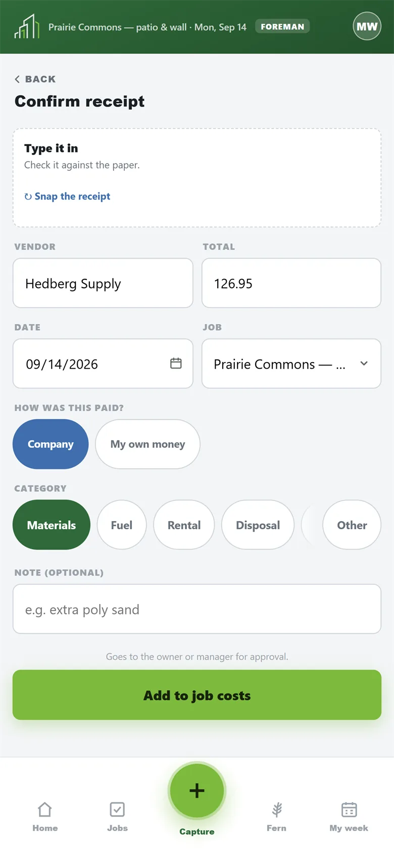 Receipt confirmation screen with the vendor, total and date read from the photo, ready to check before booking