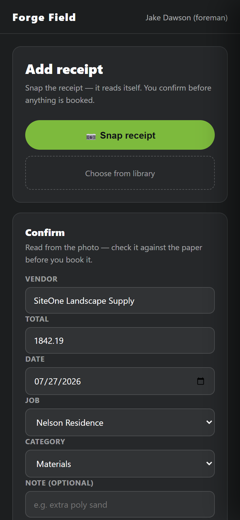 Receipt confirmation screen with the vendor, total and date read from the photo, ready to check before booking