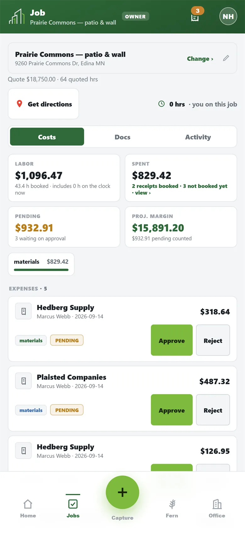 Job costs screen showing spent versus pending, budget burn and a receipt awaiting approval