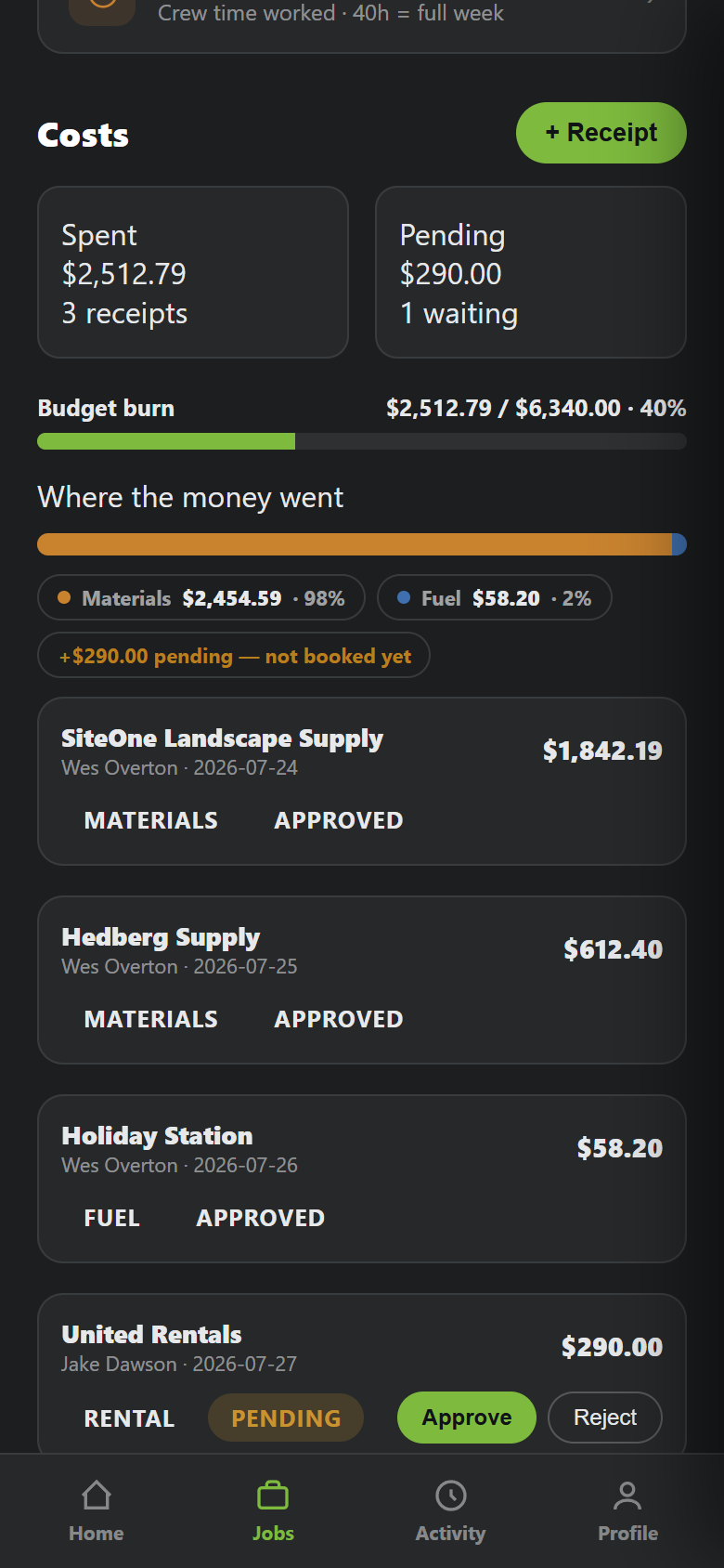 Job costs screen showing spent versus pending, budget burn and a receipt awaiting approval
