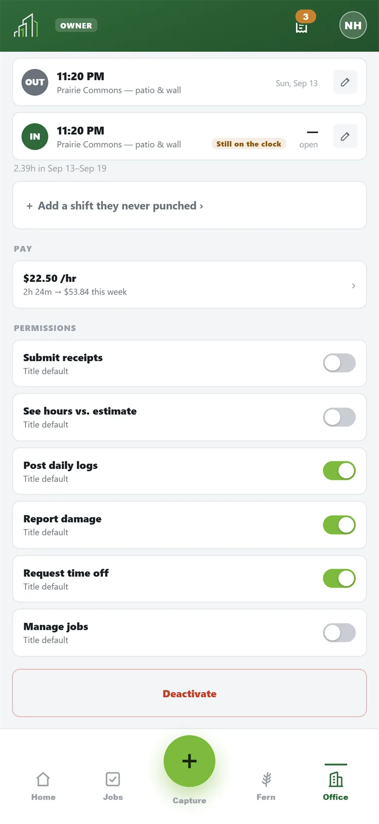 Permission switches for one employee: submit receipts, see hours vs estimate, post daily logs, report damage, request time off, manage jobs