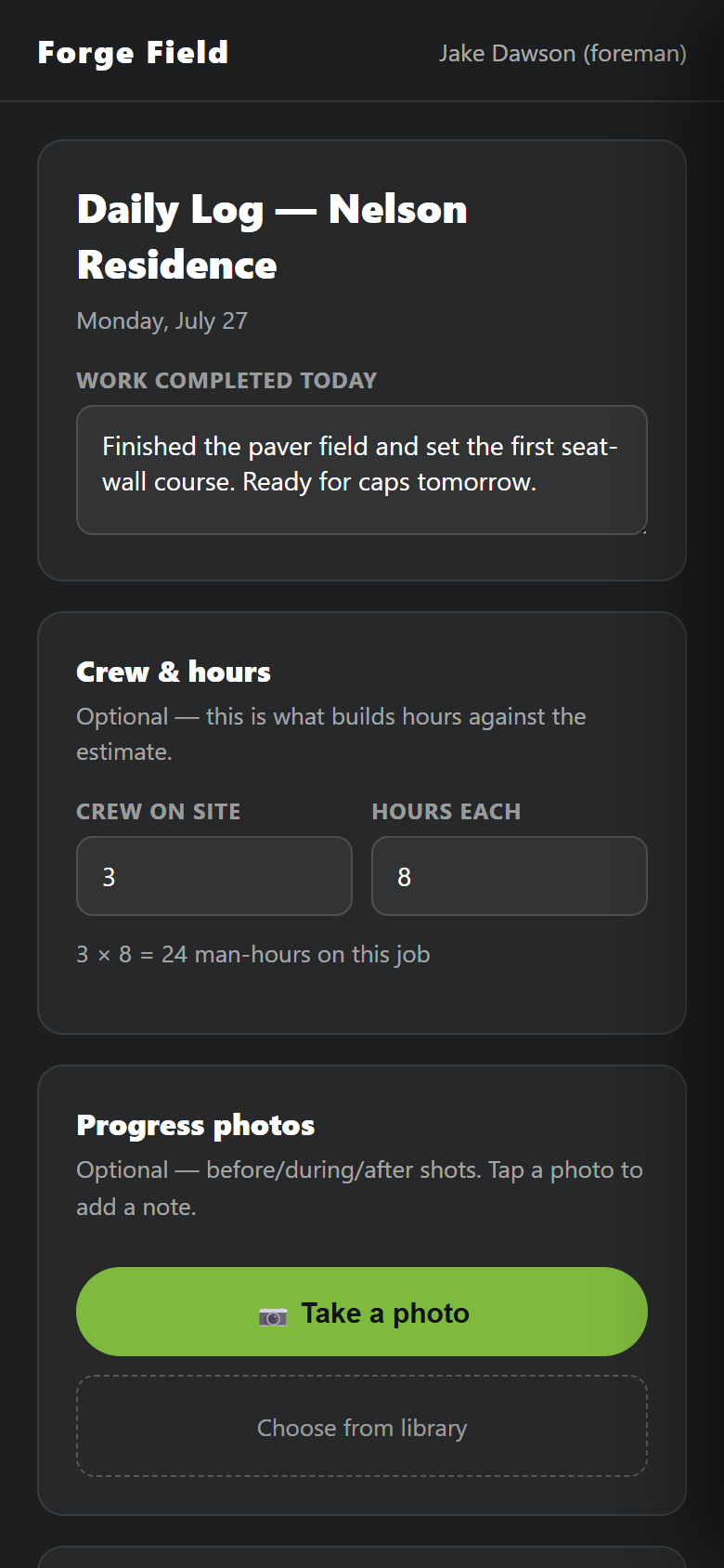 Daily log form with work notes, crew count and hours showing a live man-hours total