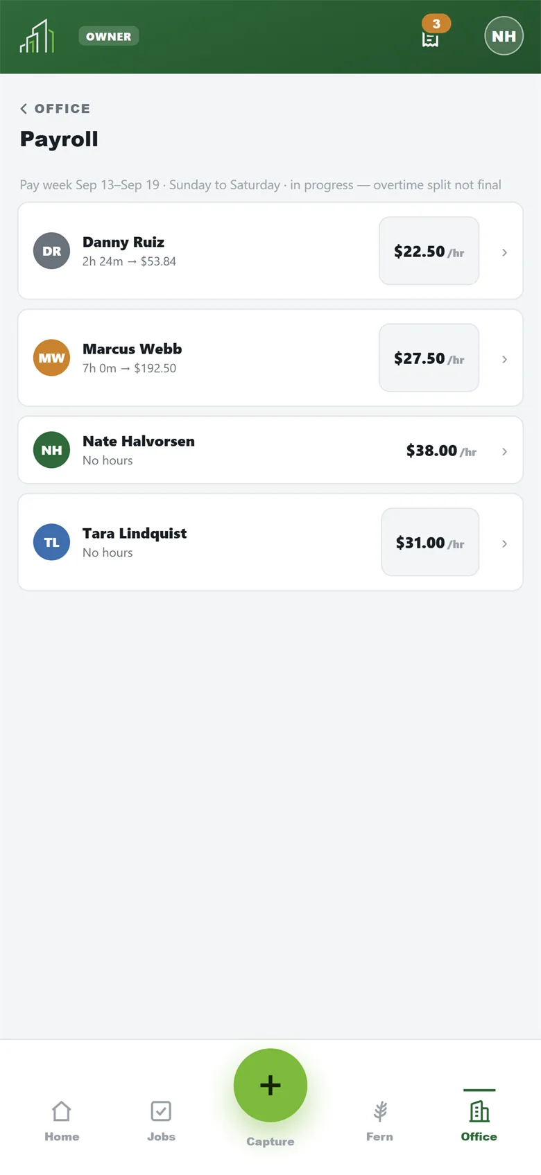 Payroll screen for the pay week: each person's hours and pay from the clock, with the wage rate
